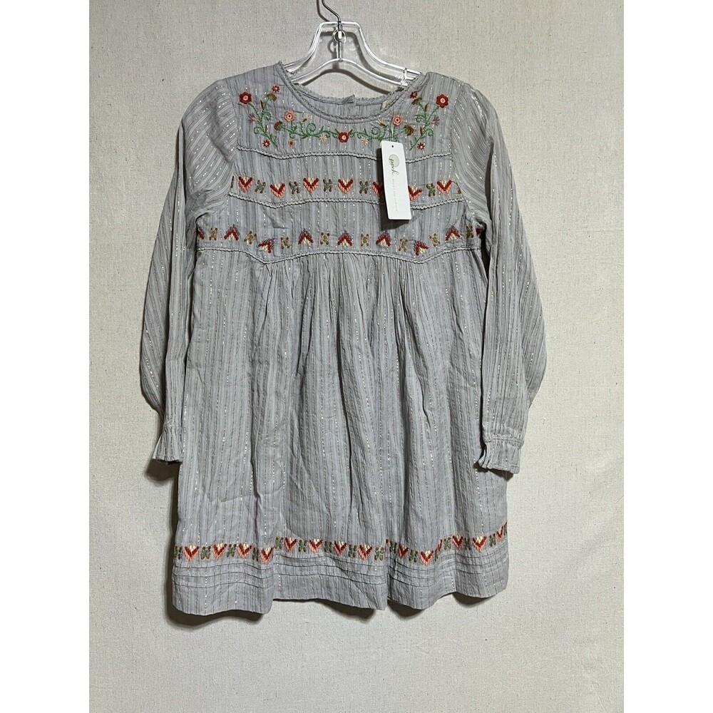 Peek Kids Dress Girls 12 Light Grey Embroidered Boho Cottagecore Holiday NWT